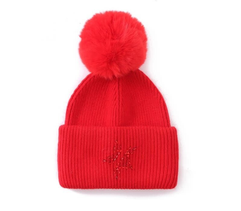 SD108 Red Pom Pom Hat with sequin Star