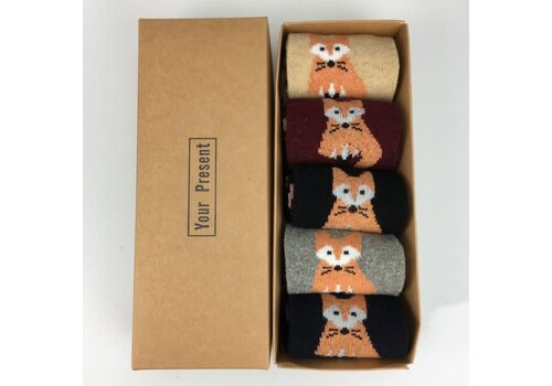 Peach Accessories SDK071 set of 5 pairs with fox print socks with Gift box