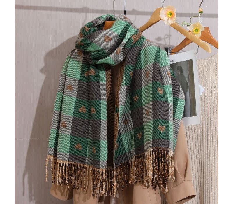 WS019 love heart pattern two tone wool scarf in Green