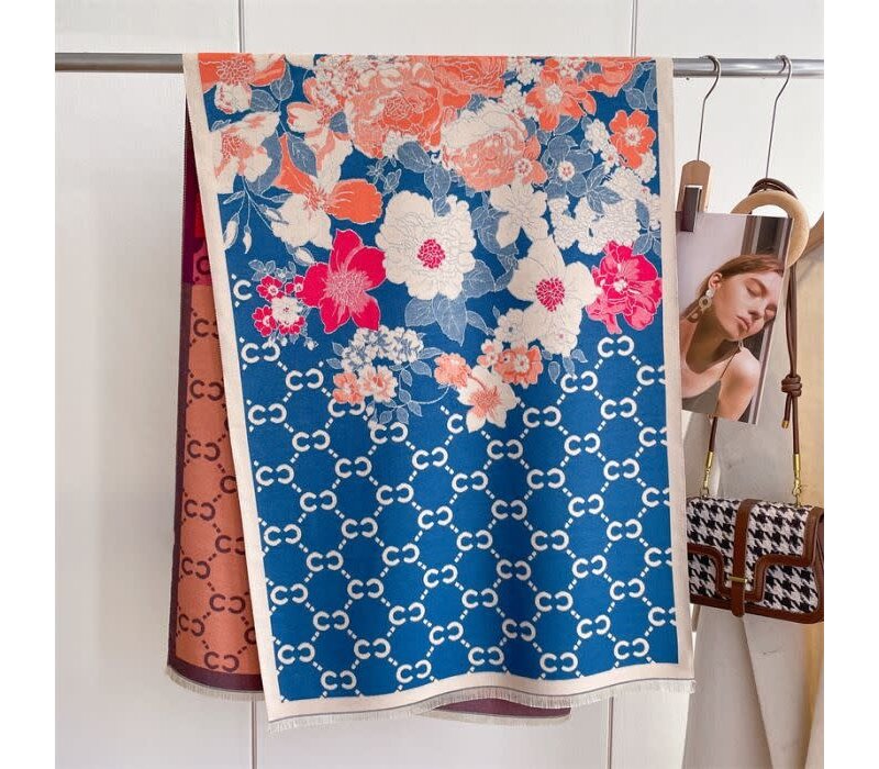 WS017 CC print and flowers wool scarf in Blue/Orange