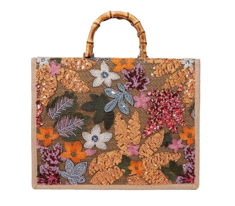 Peach Accessories AY584 Floral Sequin Embroidery Beach Straw Bag in Orange Footprints Shoe Boutique