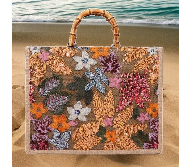 Peach Accessories AY584 Floral Sequin Embroidery Beach Straw Bag in Orange Footprints Shoe Boutique