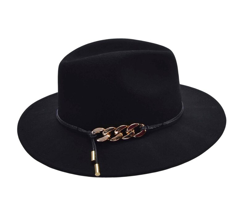 Seeberger 019871 Black Woolfelt Fedora W/chain