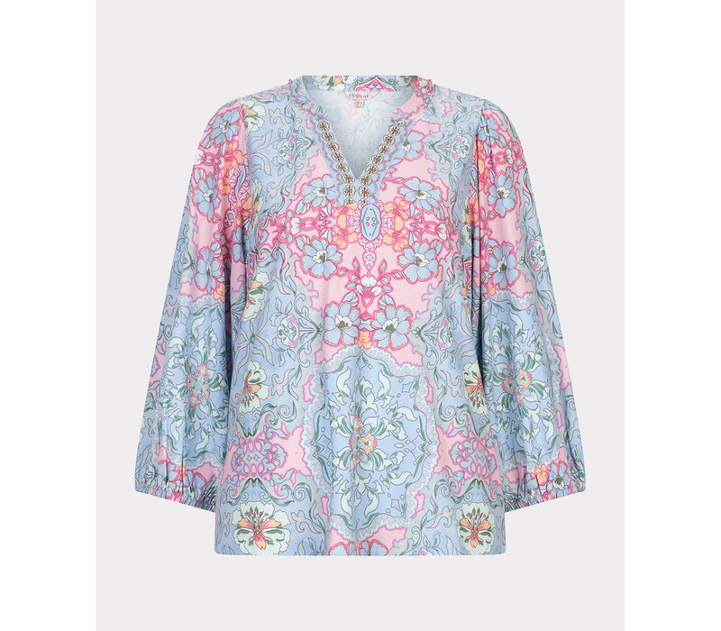 Esqualo 30014 Blue Multi V/Neck Print Top