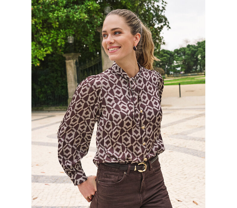 EsQualo 14508 Choco/Cream Print Blouse