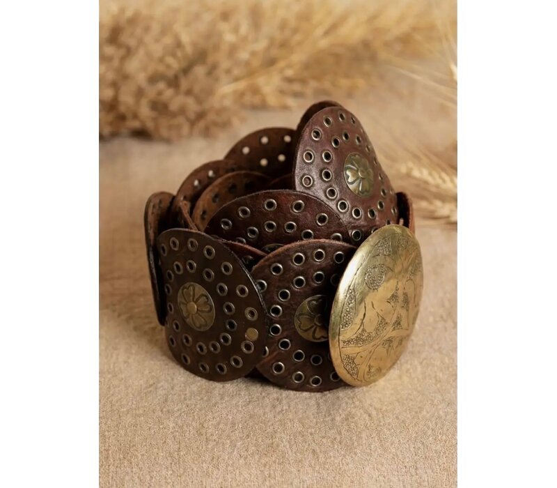 LULA  Brown Leather Belt w/Gold Circle Disc