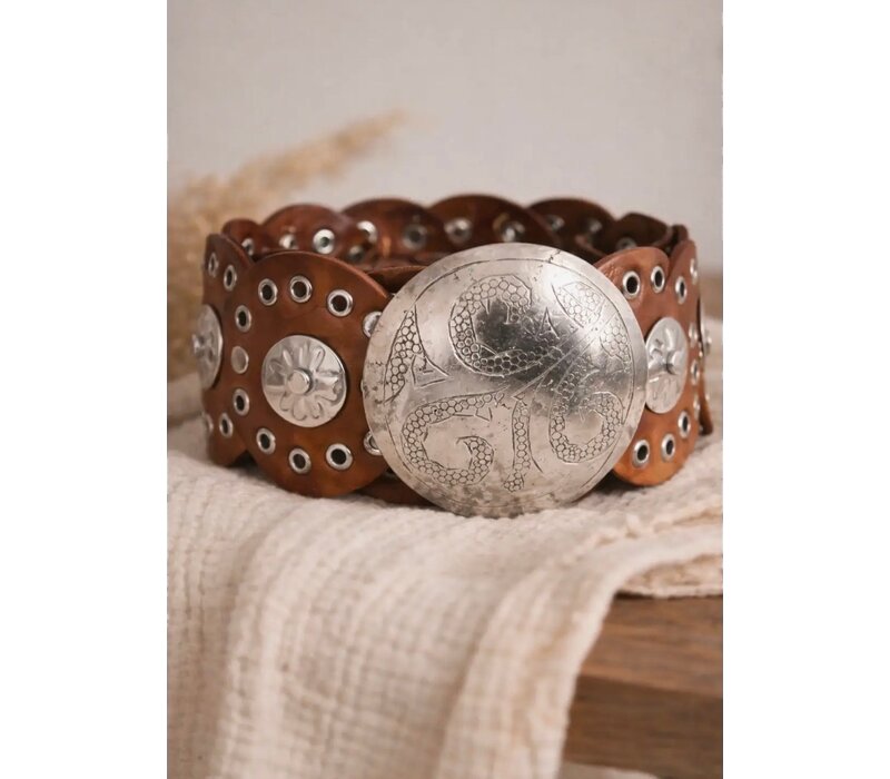 LULA Alpha Tan Silver Disc Leather Belt
