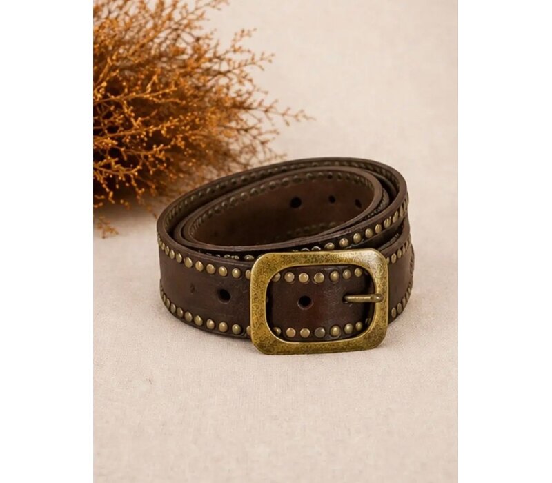 LULA Helios Brown Leather Belt Stud Detail