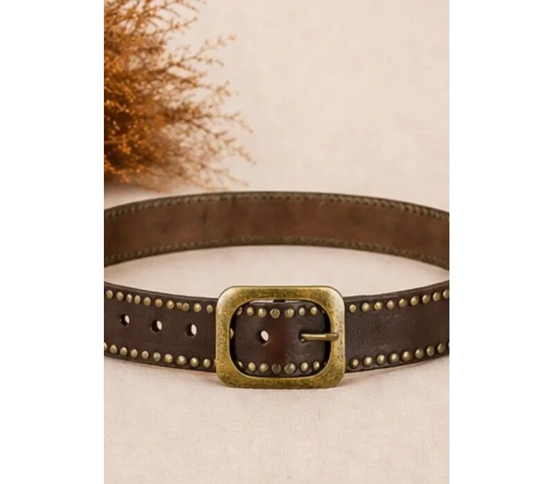 LULA Helios Brown Leather Belt Stud Detail