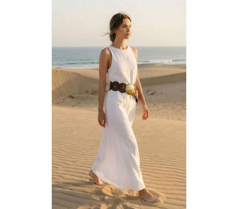 LULA Alpha Wide Brown Gold Disc Leather Belt