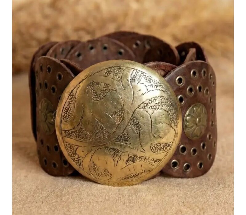 LULA Alpha Wide Brown Gold Disc Leather Belt