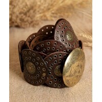 LULA Alpha Wide Brown Gold Disc Leather Belt