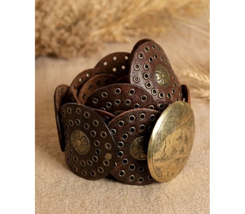 LULA Alpha Wide Brown Gold Disc Leather Belt