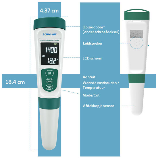 Schwimm® digitale tester oplaadbaar voor pH en zoutgehalte