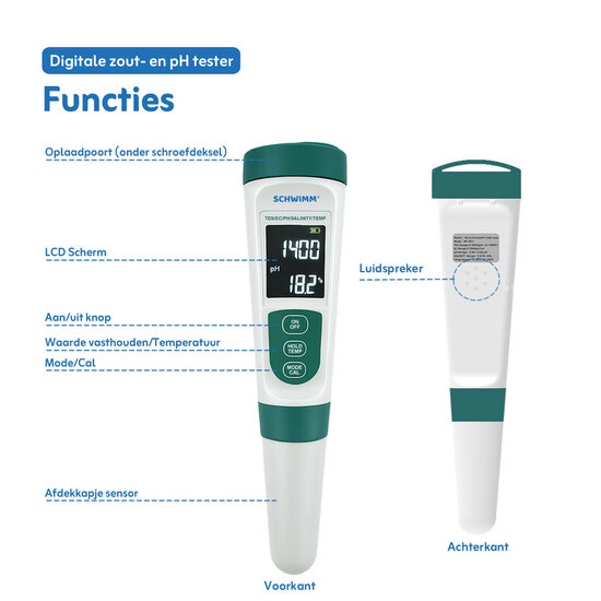 Schwimm® digitale tester oplaadbaar voor pH en zoutgehalte