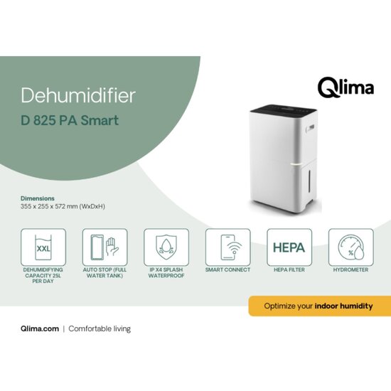 Qlima Luchtontvochtiger D 825 PA Smart + Wifi (tot 165 m³)