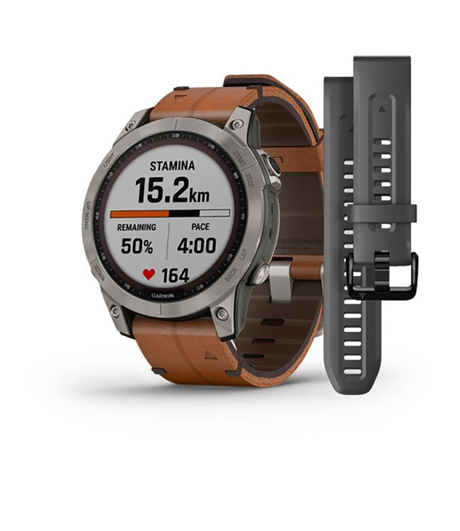 Garmin Fenix 7, Sapphire Solar, Titanium with Chestnut leather band 010-02540-31