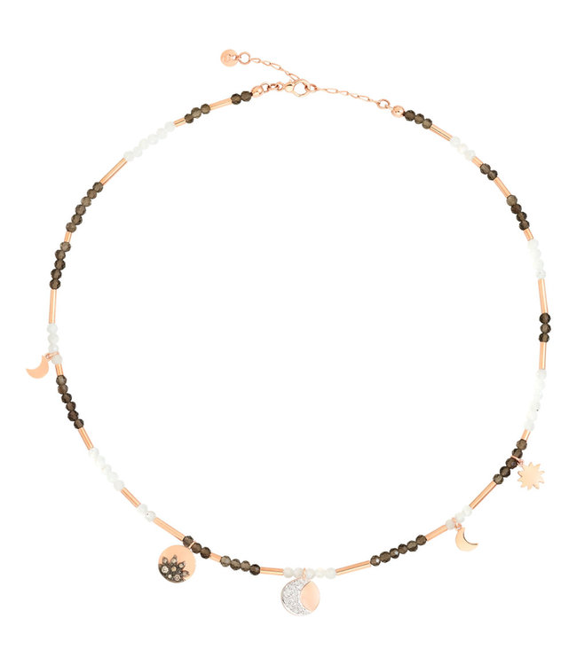 Dodo ketting Moon & Sun - 9kt rose gold, fume quartz moonstone, white & brown diamonds DCC2012-MOSUN-FAD9R