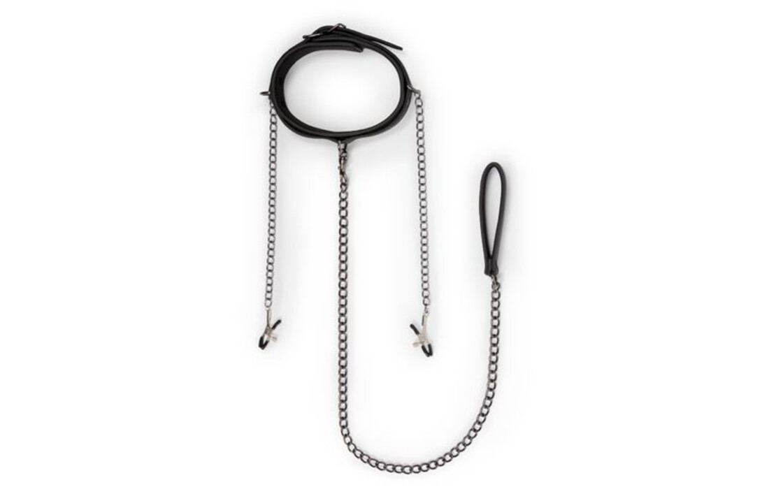 Kunstleren halsband met tepelklemmen