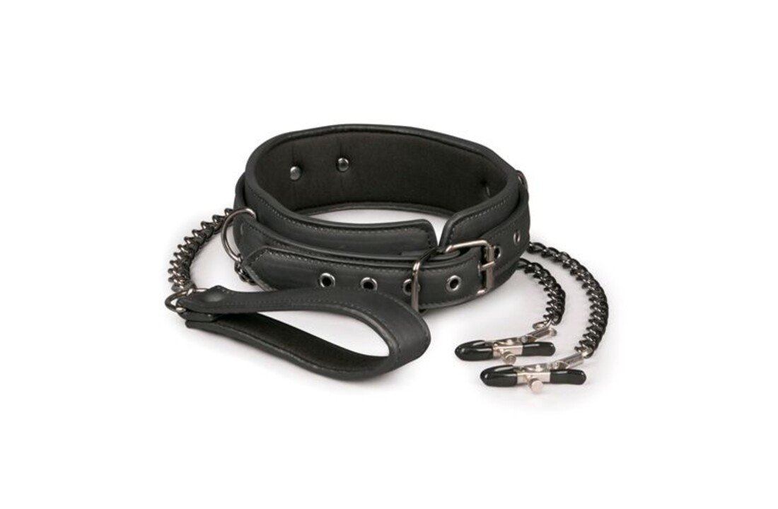 Kunstleren halsband met tepelklemmen