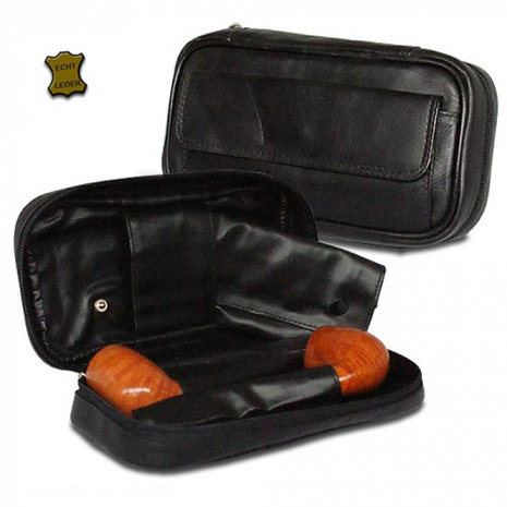 Bookwill Combi-etui voor 2 Pijpen + Tabak-etui- Leder - Zwart Bookwill Combi-etui voor 2 Pijpen + Tabak-etui- Leder - Zwart