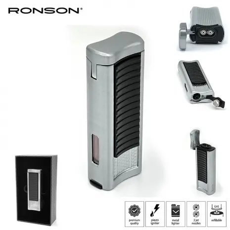 Ronson Ronson Passat - 2-Jetflame Feuerzeug + Bohrer - Silber Schwarz