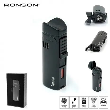 Ronson Ronson Mistral - 3-Jetflame Feuerzeug + Bohrer - Schwarz Ronson Ronson Mistral - 3-Jetflame Feuerzeug + Bohrer - Schwarz