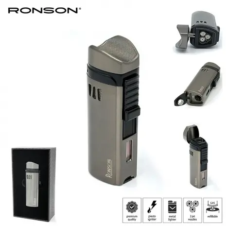 Ronson Ronson Mistral - 3-Jetflame lighter + Drill - Gun Metal Ronson Ronson Mistral - 3-Jetflame lighter + Drill - Gun Metal