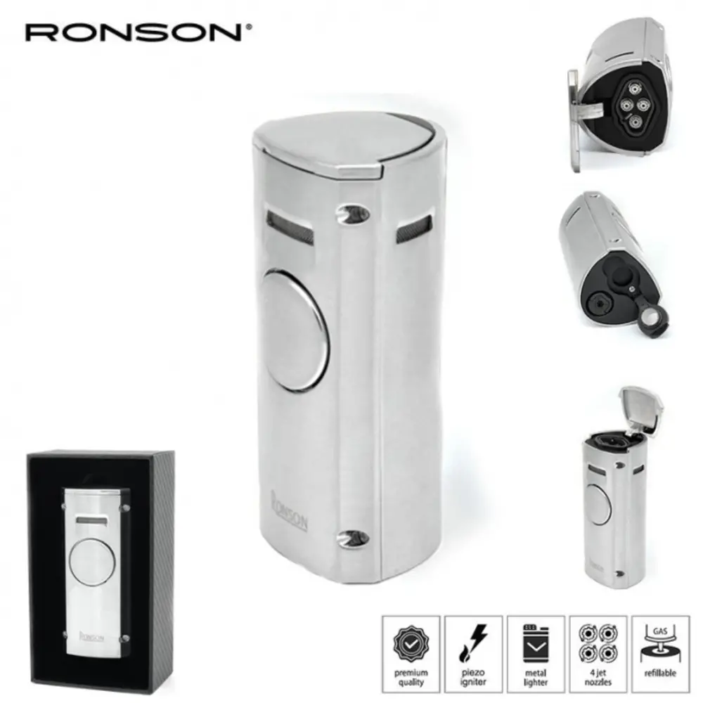 Ronson Ronson Volcano - 4-Jetflame aansteker + Boor - Volcano Chrome Satin Ronson Ronson Volcano - 4-Jetflame aansteker + Boor - Volcano Chrome Satin