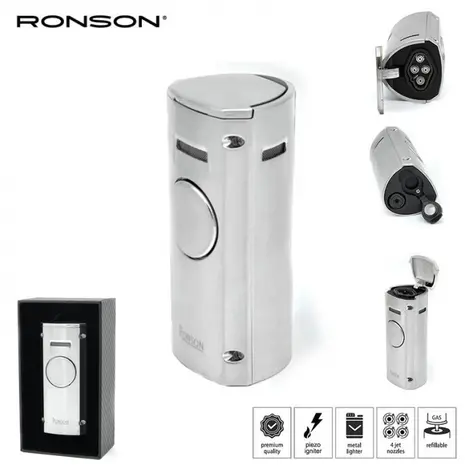 Ronson Ronson Volcano - 4-Jetflame lighter + Drill - Volcano Chrome Satin