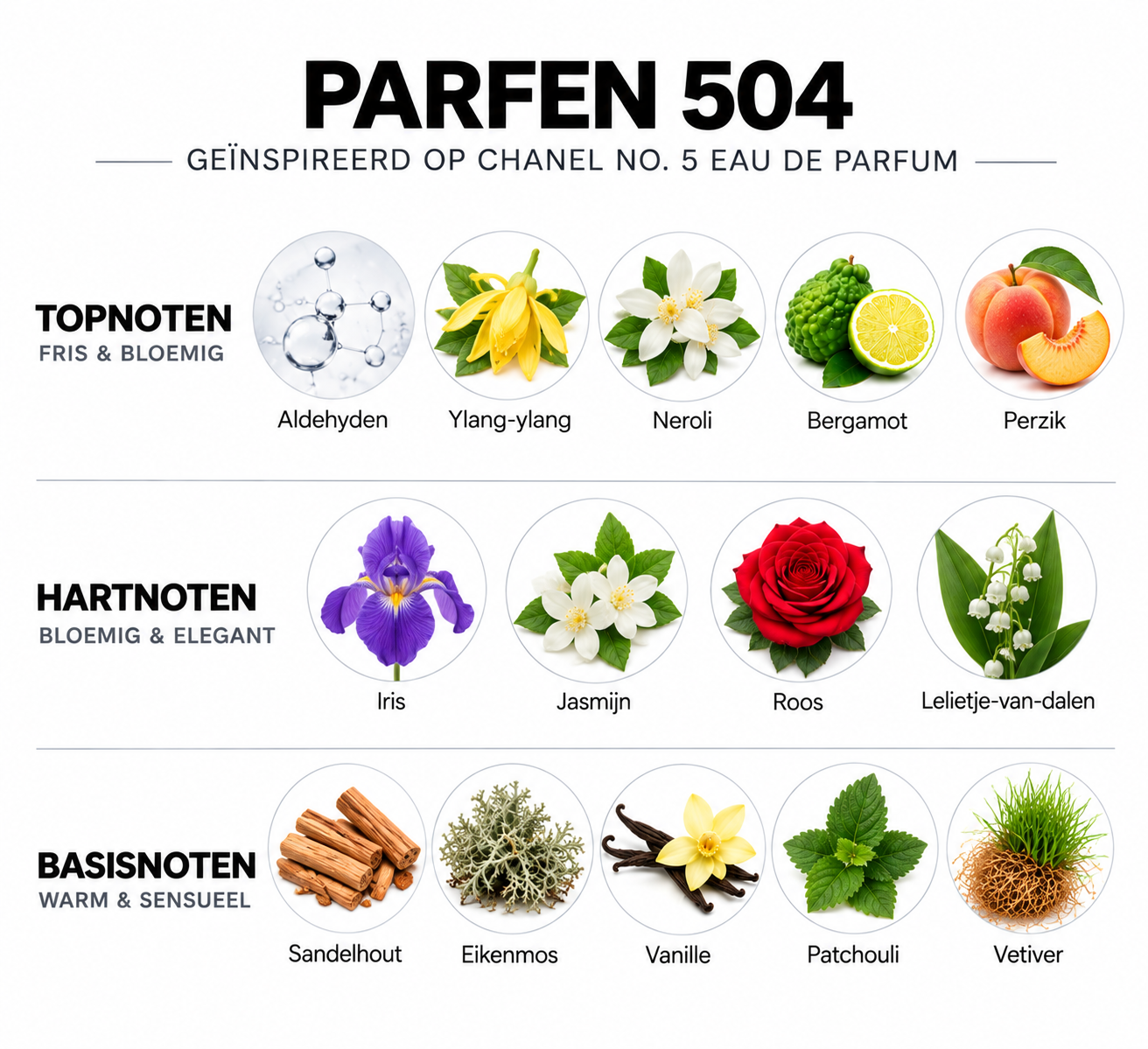 Geurnoten Parfen 504 geïnspireerd op Chanel No. 5 Eau de Parfum