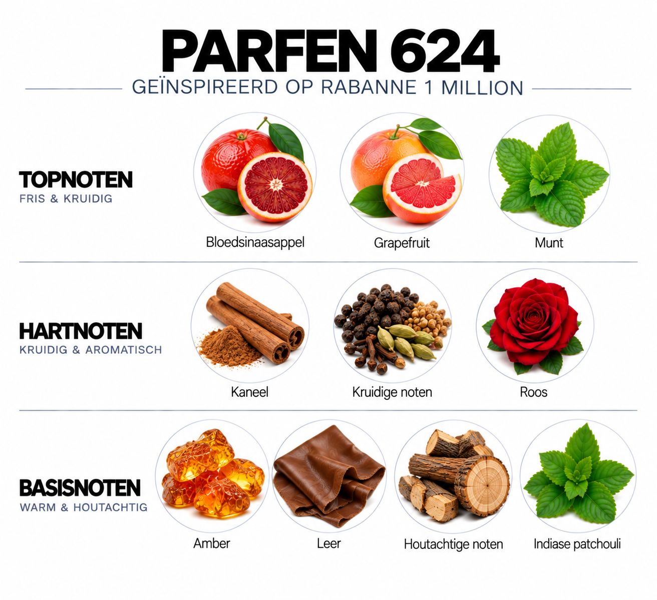 Geurnoten Parfen 624 geïnspireerd op Rabanne 1 Million