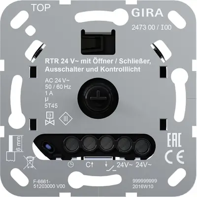 Gira basiselement ruimtetemperatuurregelaar 24V met verbreek-/maakcontact uitschakelaar en controlelamp (247300)