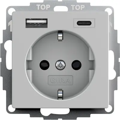 Gira wandcontactdoos randaarde USB-A en USB-C met verhoogde aanraakbeveiliging Systeem 55 grijs mat (2459015)