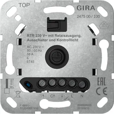 Gira basiselement ruimtetemperatuurregelaar 230V met relaisuitgang uitschakelaar en controlelamp (247500)
