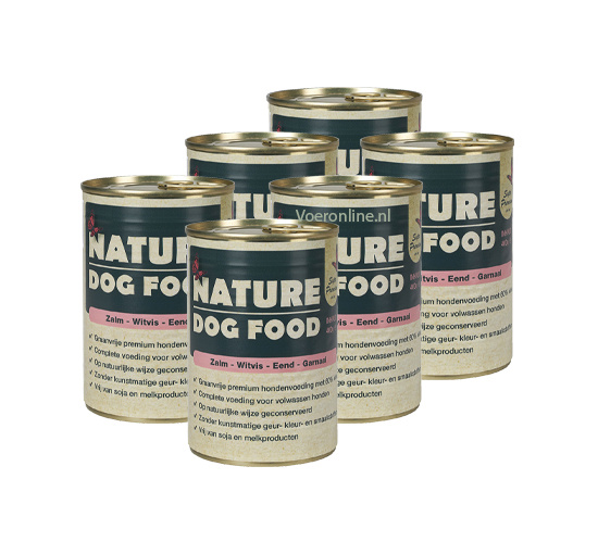 Nature Dog Food Natvoer Zalm, witvis, eend en garnaal 6 x 400 gr