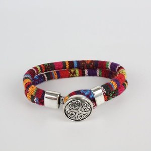 Janshop Bohemian Kleurige Katoen Armband Tibet Silver Bloem Snap Button Originele Kleur