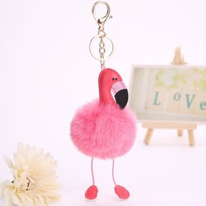 Janshop Flamingo imitatiebont fluffy ball pompom sleutelhanger