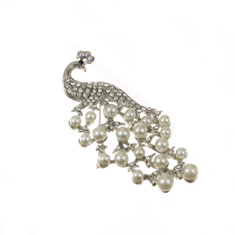 Janshop Kunstparels Pauw Broche Rhinestones Zilver