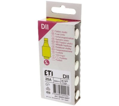 Universele DII Zekeringen 25A 500V  traag  - 1 doosje