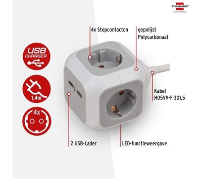 Brennenstuhl stekkerdoos kubus 3 voudig  - USB oplader 1150100