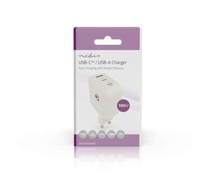 Nedis USB lader met 2 USB-C/ USB-A uitgang 100W GaN PD3.0 WGCHA100WWT