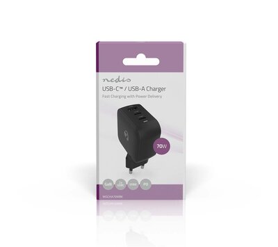 Nedis USB lader met 2 USB-C/ USB-A uitgang 70W GaN PD3.0 WGCHA70WBK