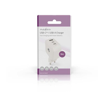 Nedis USB lader met 2 USB-C/ USB-A uitgang 70W GaN PD3.0 WGCHA70WWT