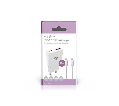 Nedis oplader USB-C / USB-A GaN 20W PD3.0 + kabel USB-C 1.5m WCHA20BTUC