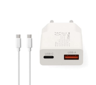 Nedis oplader USB-C / USB-A GaN 20W PD3.0 + kabel USB-C 1.5m WCHA20BTUC