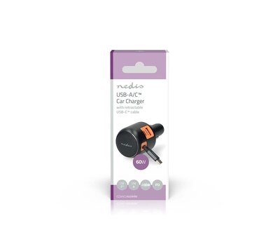 Nedis USB autolader met USB A/ USB C + uittrekbare USB C kabel CCH1C1A60WBK