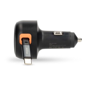 Nedis USB autolader met USB C + uittrekbare USB C kabel CCH1C30WBK