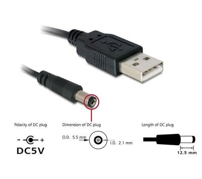 Aansluitkabel USB naar plug 5.5 x 2.1mm 1 meter