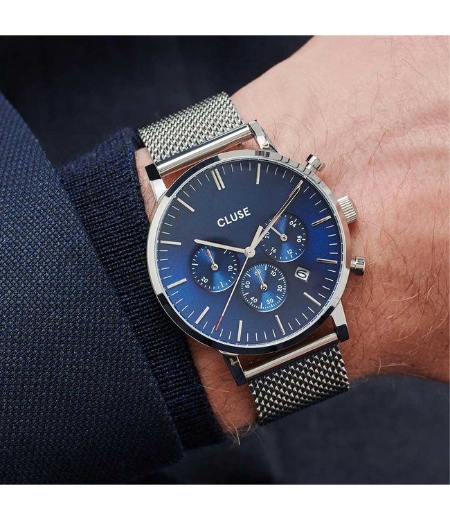 Cluse Uurwerk Aravis Chrono Mesh, silver, dark blue/silver
